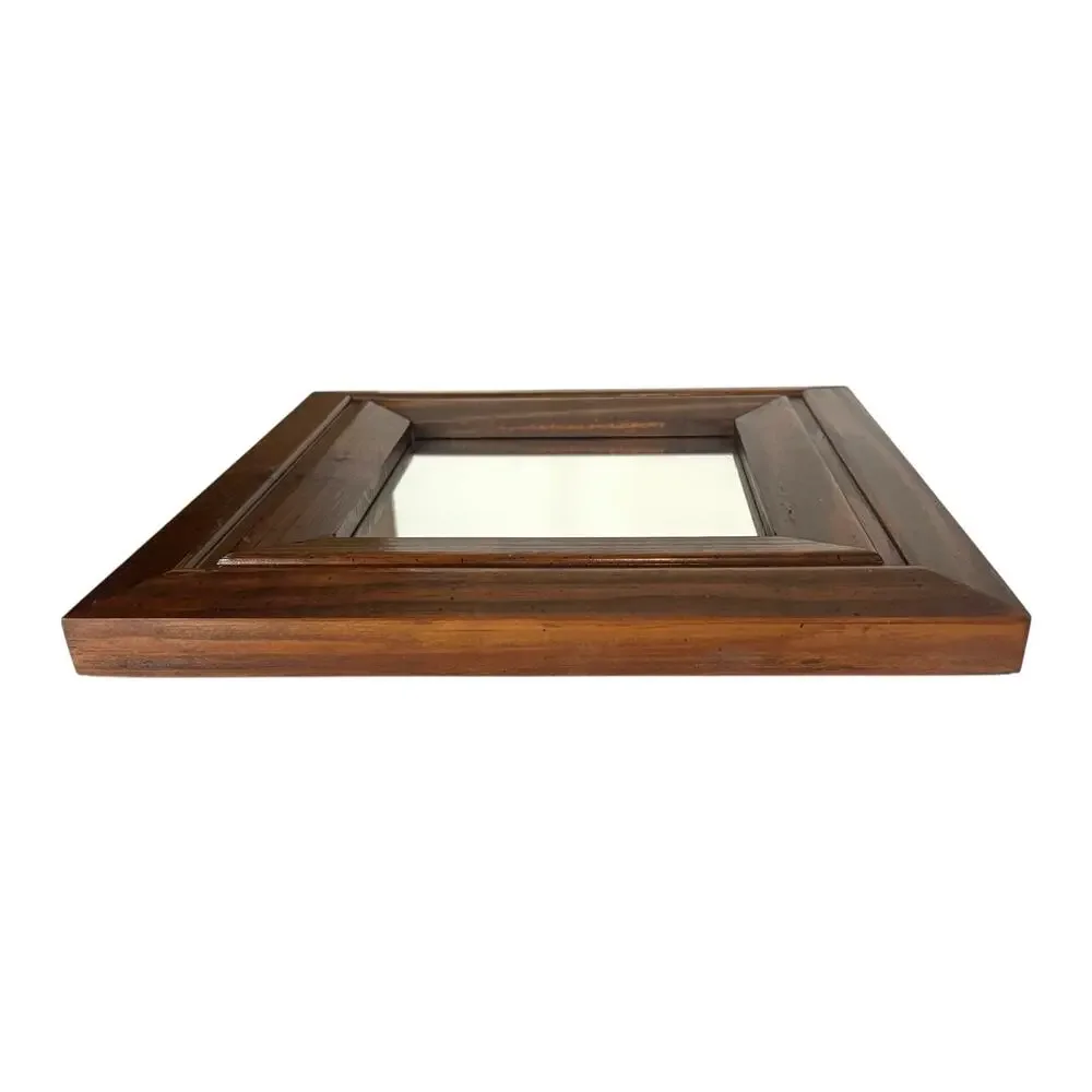 Vintage Wall Mirror Square Solid Wood Frame Brown 11” x 11” MCM Cottage Decor